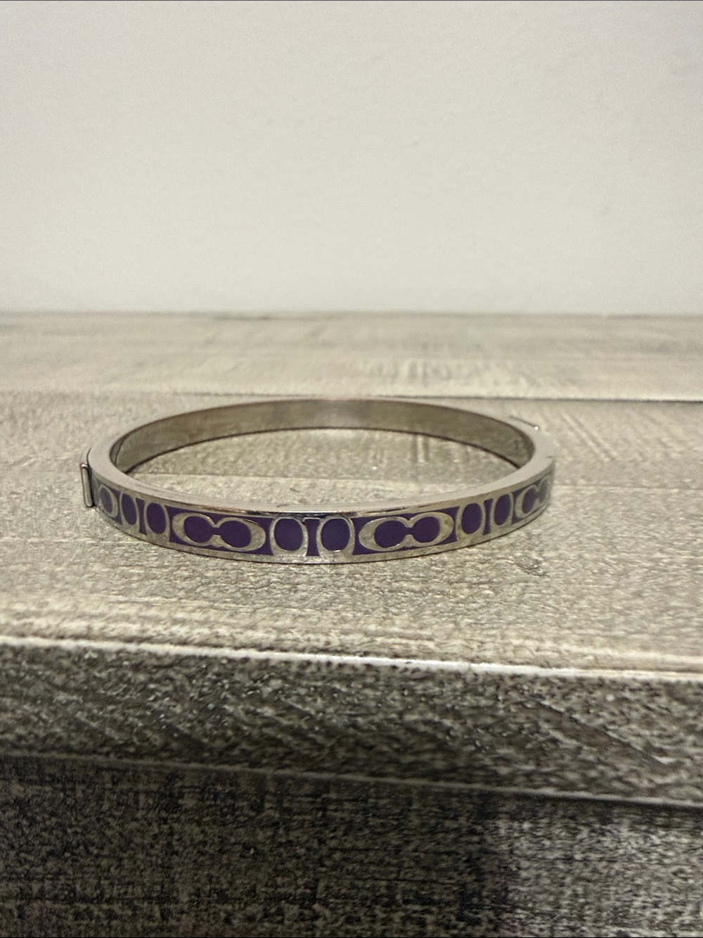 Coach Silver-Tone Bangle with Purple Enamel Logo Accents